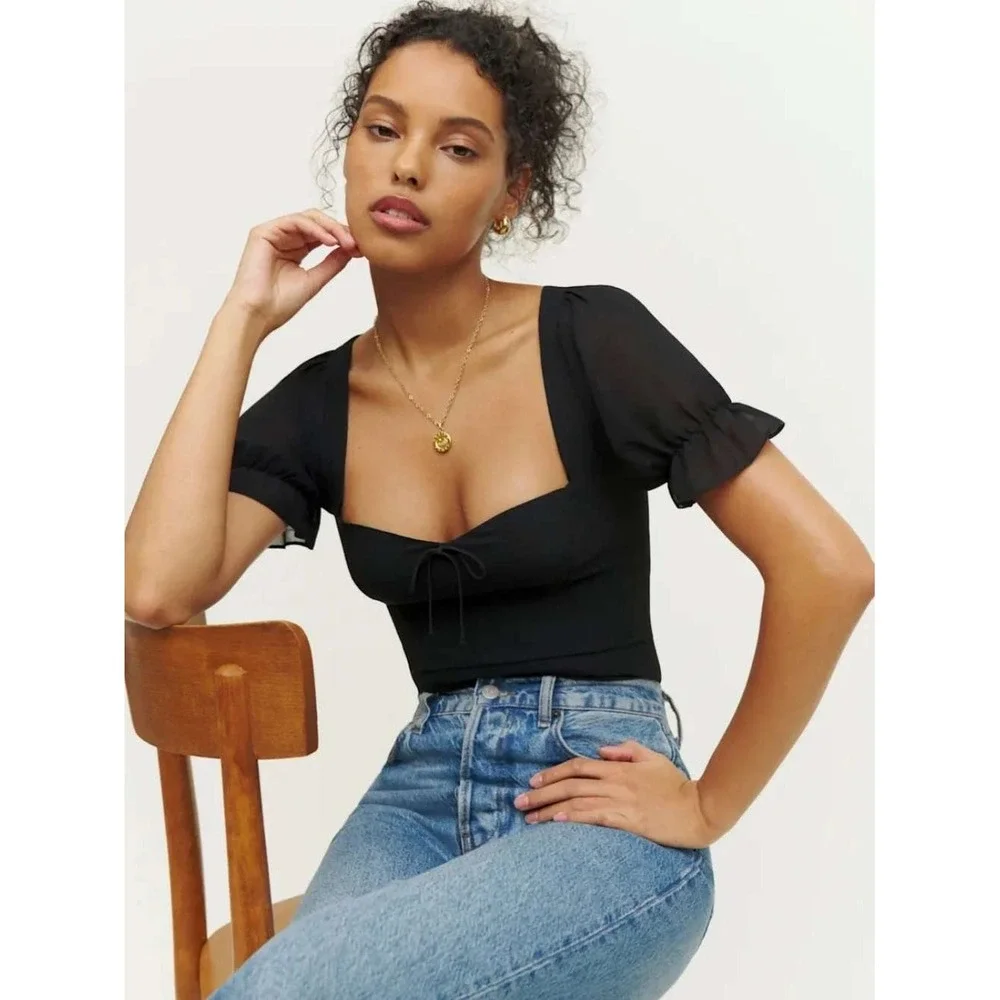 REFORMATION Delevan Crepe Top Puff Sleeve Black Viscose - 6